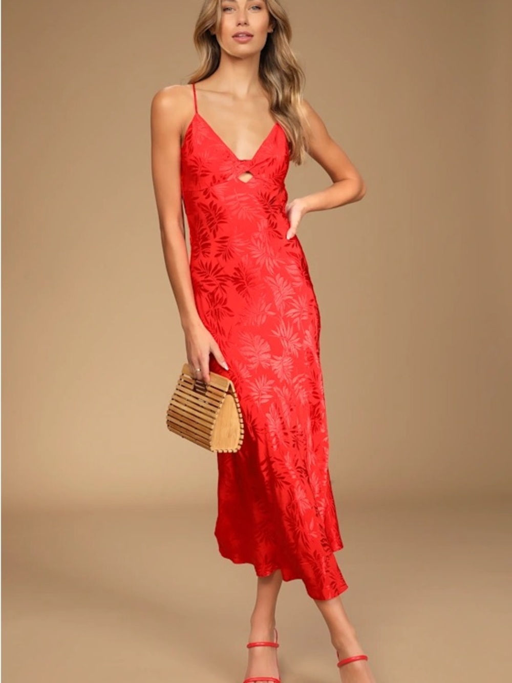 Lulus Vacation Views Red Jacquard Twist-Front Midi Dress (Small)